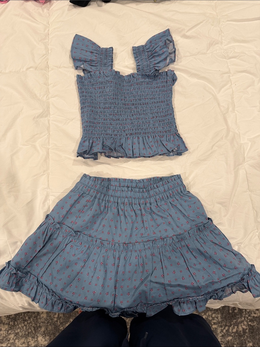 American Girl Blue Floral Smocked Ruffle Tank Top and Skirt Set NWOT